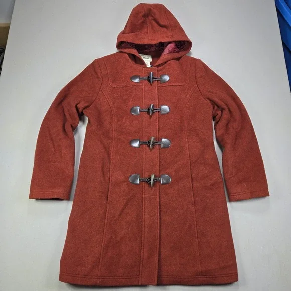 LLBean Bellandi Red Italian Wool Hooded Toggle Coat Womens Size 12 3M Thinsulate - Picture 1 of 10